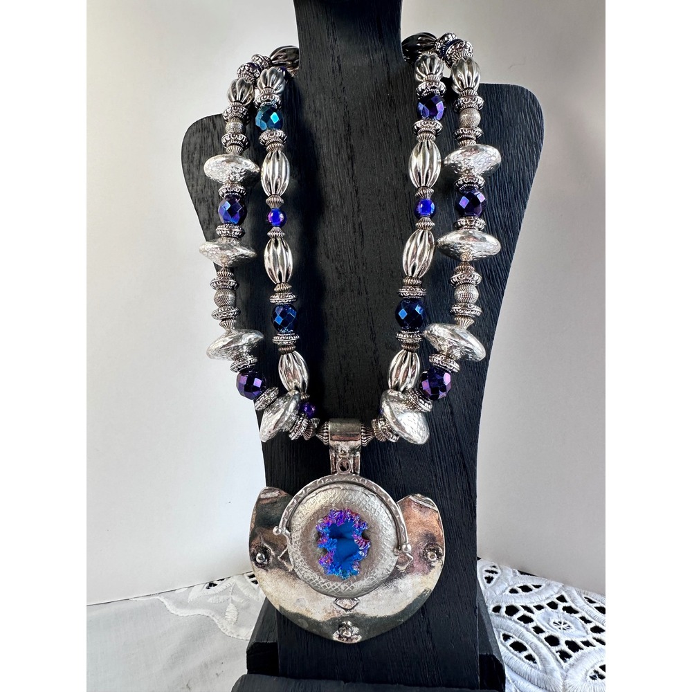 Anthony Alexander Runway Silvertone Art Glass Statement Necklace Earrings Set - Picture 3 of 9